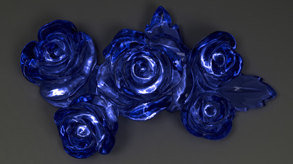 Blue glass roses on a gray background. 3D render