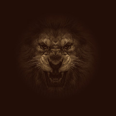 The aggressive face of lion. King of beasts, the biggest cat, shows huge fangs.  Great for user pic, icon, label or tattoo.