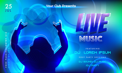 Live Music Invitation, Banner or Flyer Design with Silhouette Dancing Female and Event Details on Gradient Abstract Background.