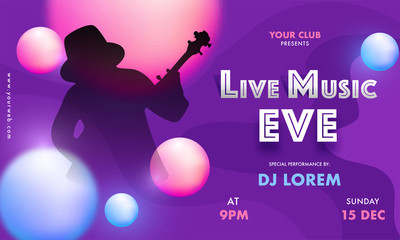 Music Event Invitation, Flyer Design with Silhouette Guy Playing Guitar and 3D Sphere Decorated on Purple Abstract Background.