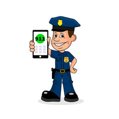 cheerful policeman with phone in hand calling 911 vector illustration