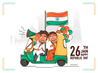 Cheerful Auto Taxi Driver and Woman doing Greeting of 26th January Republic Day with Wavy Indian Flag, Tricolor Balloons on India Famous Monuments Background.