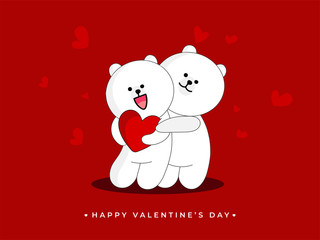Loving Cartoon Bear Couple holding Hearts on Red Background for Happy Valentine's Day Celebration Concept.