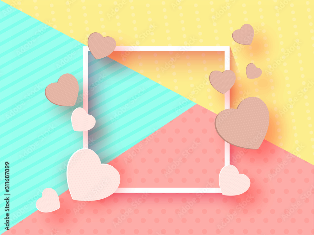 Poster Paper Cut Hearts Decorated Empty Square Frame on Colorful Different Abstract Pattern Background.
