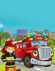 Obraz na płótnie Canvas cartoon scene with fireman vehicle on the road driving through the city and fireman standing near by - illustration for children