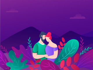 Faceless Young Couple on Colorful Nature Landscape Background.