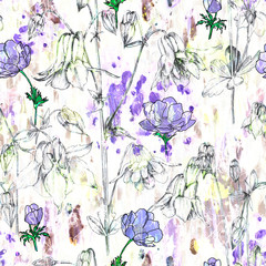 Watercolor abstract floral pattern. Columbine inflorescences and wild flowers. Design of textile, fabric, covers, packaging, wallpaper, home textiles.