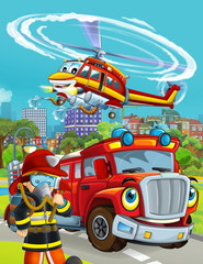 Obraz na płótnie Canvas cartoon scene with fireman vehicle on the road driving through the city and helicopter flying over and fireman standing near - illustration for children