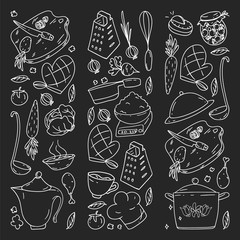 Pattern on blackboard drawn in chalk, with gastronomy icons, vector cuisine and fast food cafe bright background for menu, receipts.