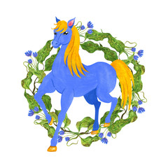 Blue horse with a yellow mane against the background of a wreath of leaves of apple trees and cornflowers.