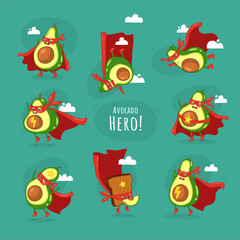 Funny cartoon character of avocado super hero.