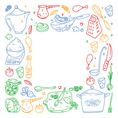 colored pattern drawn by crayons, gastronomy icons, vector cuisine and fast food cafe bright background for menu, receipts.
