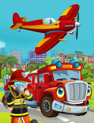 Obraz na płótnie Canvas cartoon scene with fireman vehicle on the road driving through the city and plane flying over and fireman standing near - illustration for children