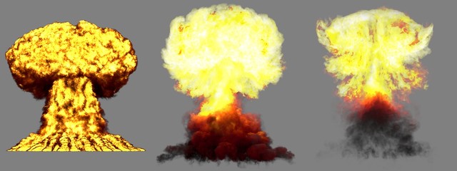 3D illustration of explosion - 3 huge highly detailed different phases mushroom cloud explosion of nuclear bomb with smoke and fire isolated on grey