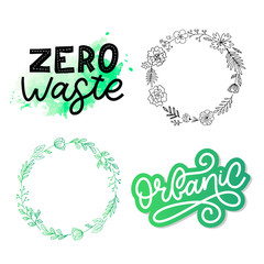 Zero waste. Lettering Text Eco green illustration. Zero waste for concept design. Zero waste, eco friendly concept. Organic waste vector illustration. Ecology concept set