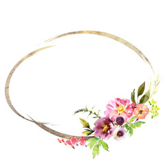 Fototapeta premium Wedding frame wreath bridal romanric rustic warm bouquet. Hand drawing watercolor pink and purple and orange flowers ornament