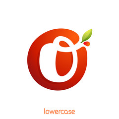 Lowercase letter o logo in fresh juice splash with green leaf.