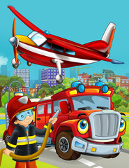 Obraz na płótnie Canvas cartoon scene with fireman vehicle on the road driving through the city and plane flying over and fireman standing near - illustration for children