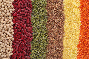 Different grains and cereals as background, top view