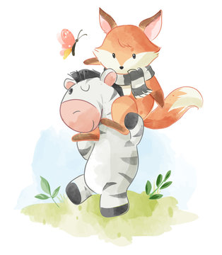 cute cartoon fox riding on zebra illustration