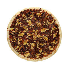 Sweet flat cake with banana, peanut and chocolate sauce isolated on white