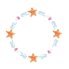 Round frame made of watercolor starfish and  jellyfish on a white background. Use for invitations, birthdays, menus.