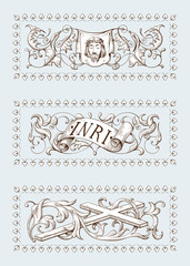 A set of Religious symbols of christianity, including cross, face of Jesus Christ and a sign with INRI text. Biblical illustrations in old engraving style