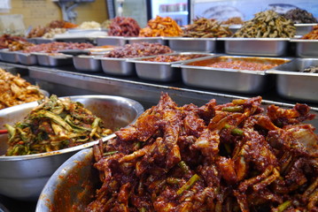 variations of famous kimchi on an asian market