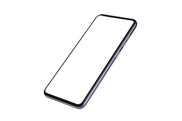 tilted view of smartphone with empty screen isolated on white background with clipping path, smartphone mockup