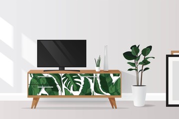 Tv Cabinet in Modern Living Room  with Tropical Elements. Vector Illustration