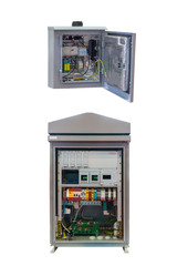 two electrical control Cabinet with an open door isolated on a white background