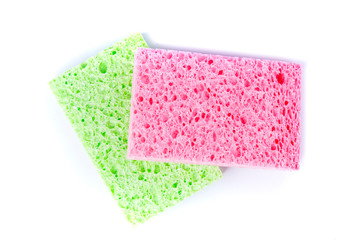 Rectangular green and pink cellulose washing sponges with coarse and soft sides