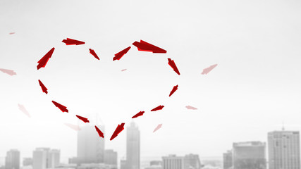 Paper planes in sky . Mixed media