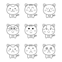 Drawing doodle outline cat collection set in different face character isolated on white background.Cartoon pet for your design.Vector.Illustration.
