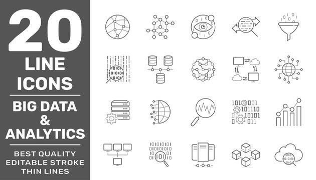 Set of big data and data analytics icon set. Related technology vector line Icons. Contains such Icons as Cloud Computing, Traffic Analysis, Big Data, IoT and more. Editable Stroke. EPS 10