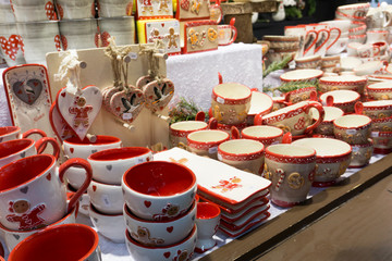 close up view of a Christmas market stall in Strasbourg selling crockery and kitchen utensils