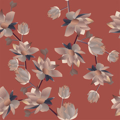 Aquatic and tropical flowers on a red background. Vector illustration. Seamless pattern. Picture with lilies. EPS10