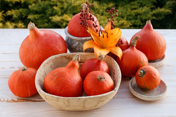 Pumpkins on wooden table in the garden.