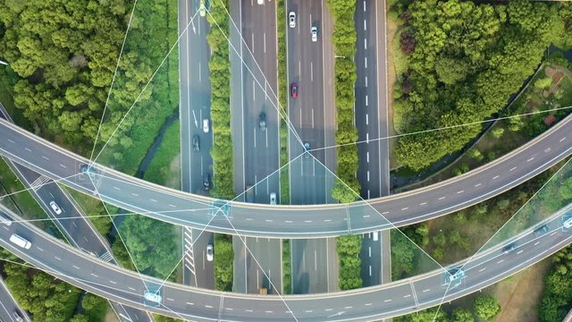 Traffic surveillance system in highway. Connected network. Speed and identity Control System. Future transportation
