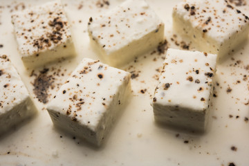Paneer Dum Kali Mirch / Kalimirch, prepared in a white creamy gravy and black pepper powder sprinkled over it. served in a bowl. Selective focus