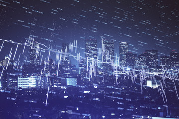 Financial graph on night city scape with tall buildings background multi exposure. Analysis concept.