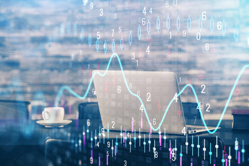 Forex market chart hologram and personal computer background. Double exposure. Concept of...