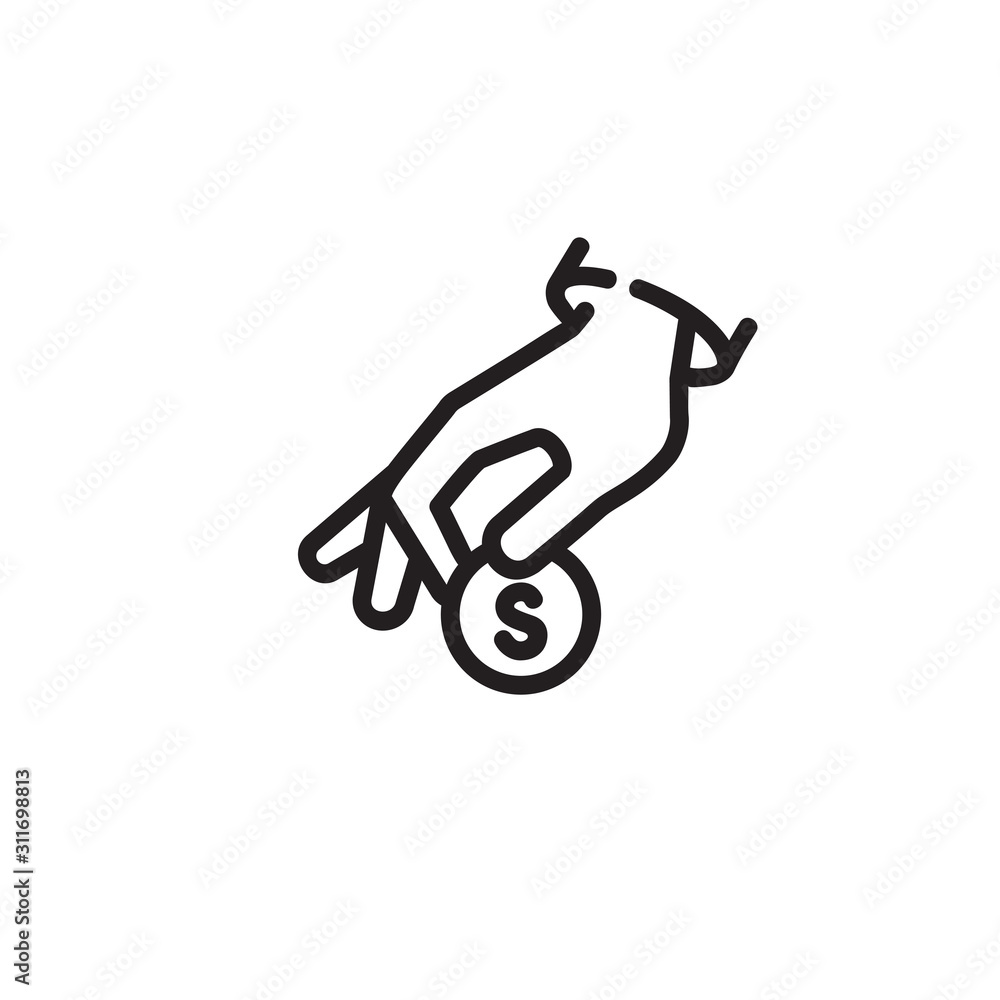 Poster hand holding coin thin line icon. donate isolated outline sign. donation concept. vector illustratio