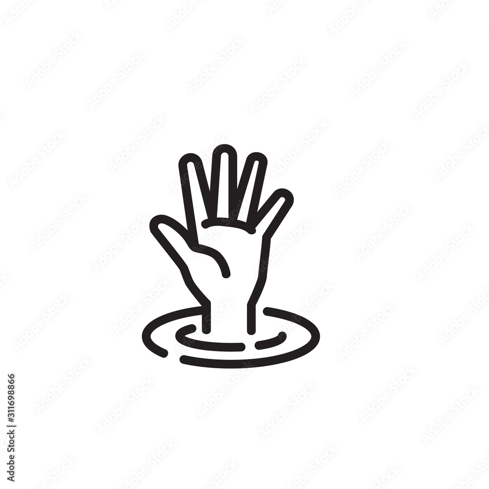 Poster hand sinking in water thin line icon. drowning victim isolated outline sign. creative help button co
