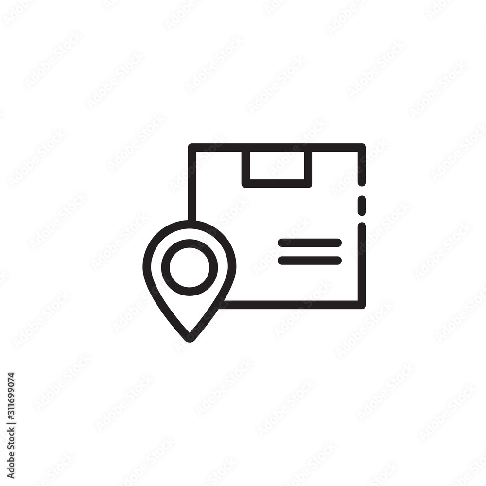 Poster map pin with box thin line icon. package location isolated outline sign. logistics concept. vector i