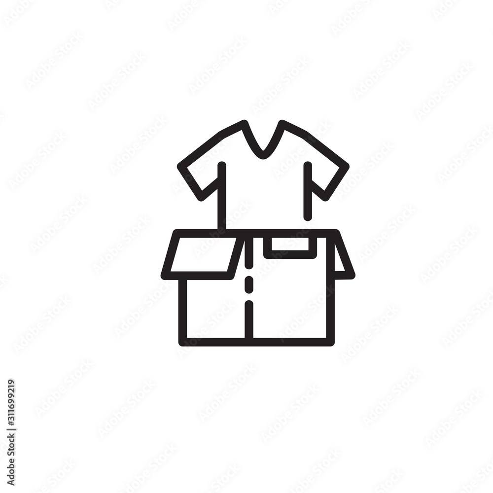 Sticker parcel box with t-shirt thin line icon. package from online store isolated outline sign. delivery se