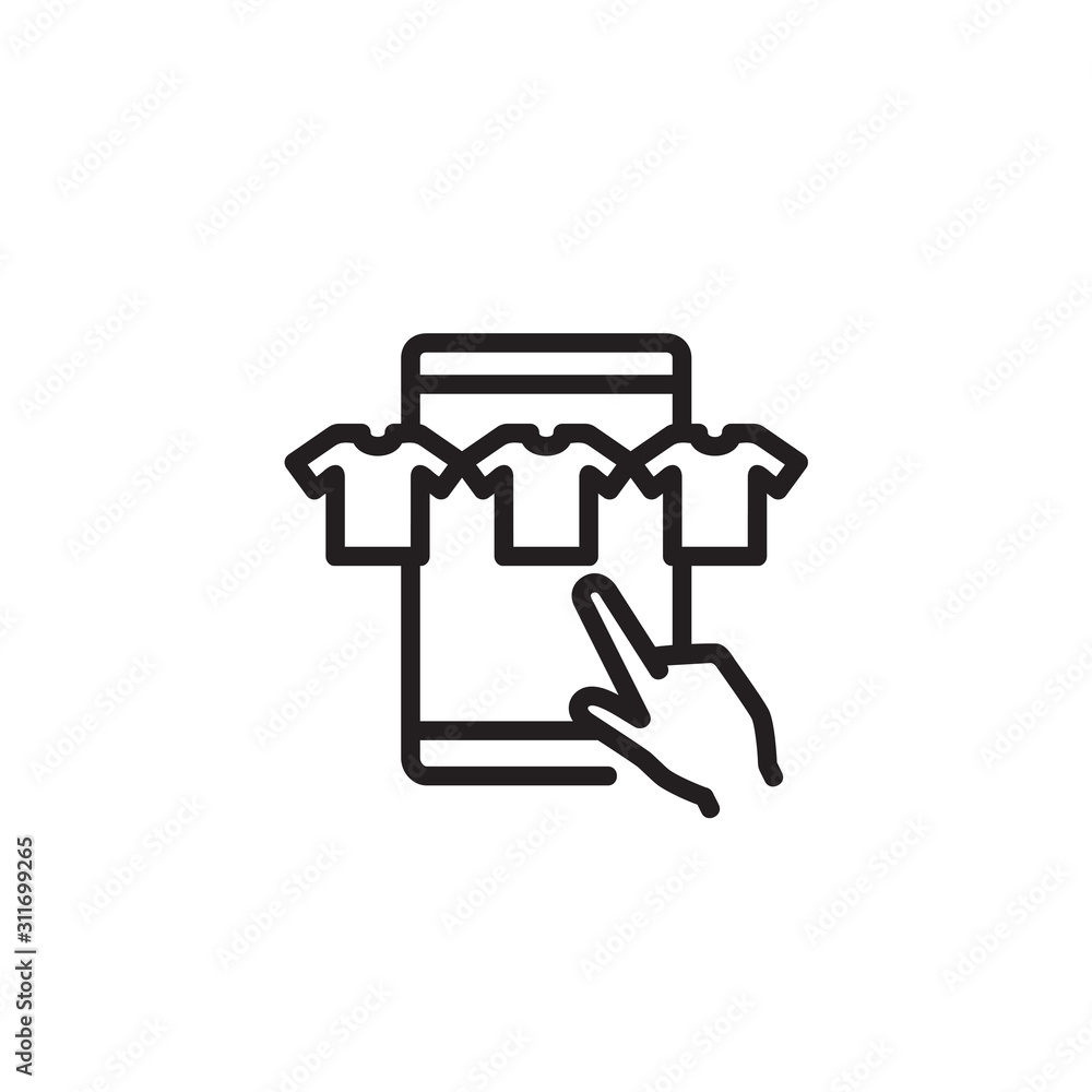 Poster person choosing clothes in online store thin line icon. hand pointing on shop web page isolated outl