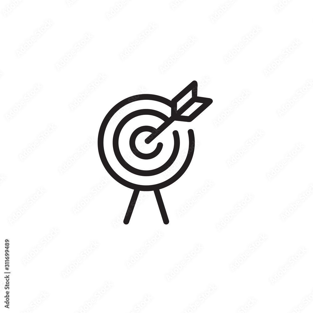 Poster target with arrow standing on tripod thin line icon. arrow hitting target isolated outline sign. goa