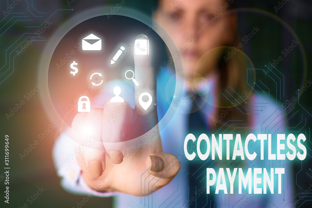 Poster conceptual hand writing showing contactless payment. concept meaning use near field communication fo