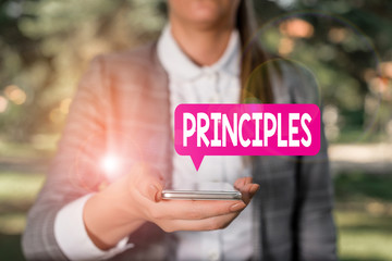 Writing note showing Principles. Business concept for fundamental truth that serves as the base for...